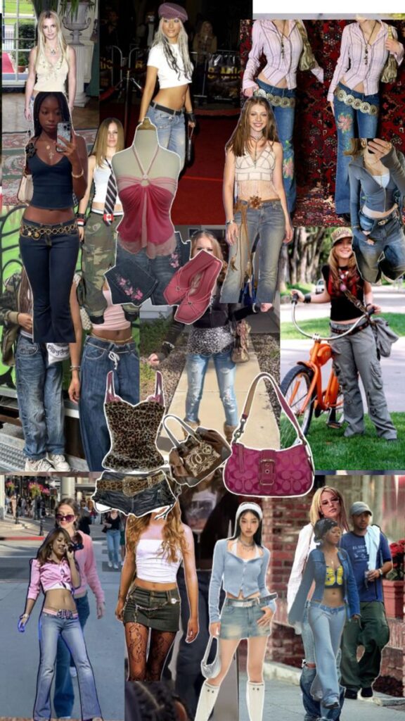 Y2K fashion collage featuring low-rise jeans, crop tops, and accessories in early 2000s style ensembles.
