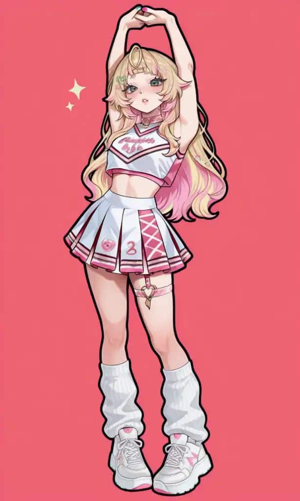 Anime character in a pink and white cheerleader outfit stretching on a pink background.