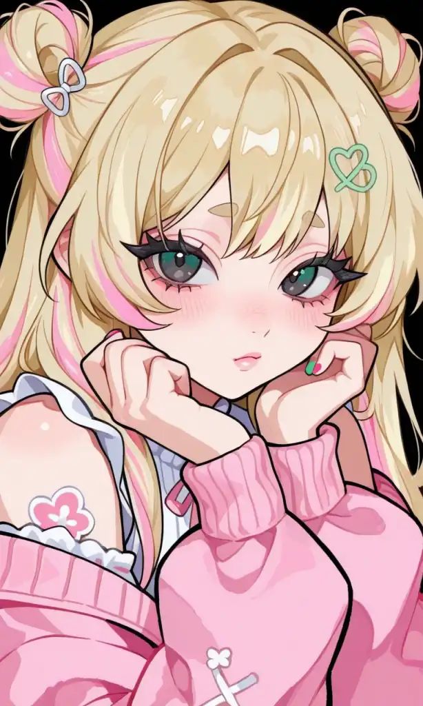 Yon AI Art _ PixAI Cute anime girl with blonde hair, pink accents, and heart hair clip, wearing a pink sweater, looking thoughtfully. | Sky Rye Design Cute anime girl with blonde hair, pink accents, and heart hair clip, wearing a pink sweater, looking thoughtfully.