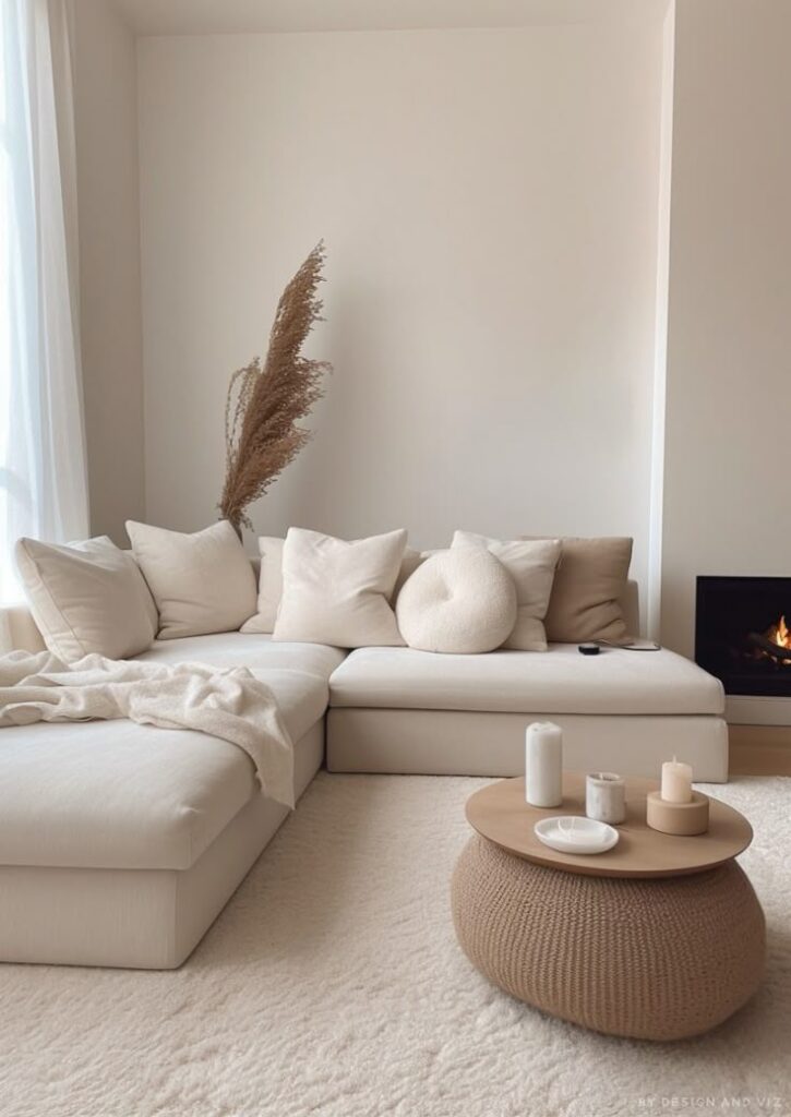 Youll Want to Bookmark These Japandi Living Room Ideas for Your Next Makeover Minimalist living room with cozy beige sofa, round coffee table, neutral decor, and warm fireplace ambiance. | Sky Rye Design Minimalist living room with cozy beige sofa, round coffee table, neutral decor, and warm fireplace ambiance.