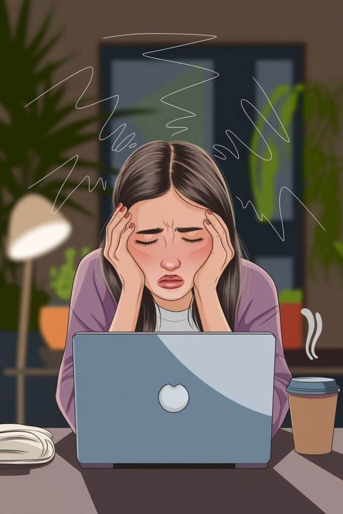 Woman stressed while working on laptop with coffee.