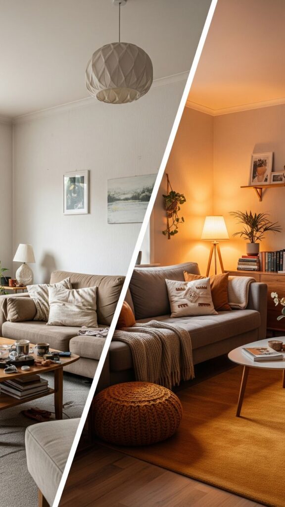 Your Dream Home Awaits_ ✨ Design It Love It Living room with cozy decor in contrast between natural daylight and warm, ambient lighting. | Sky Rye Design Living room with cozy decor in contrast between natural daylight and warm, ambient lighting.