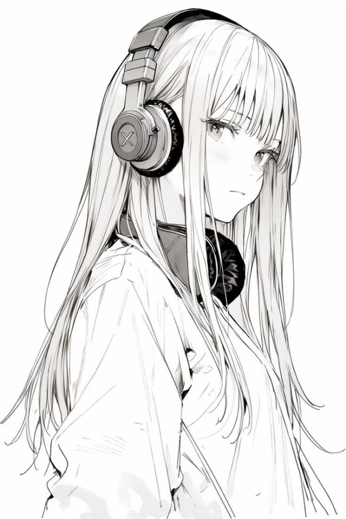 Anime girl wearing headphones, looking sideways with long hair and a focused expression in black and white sketch.