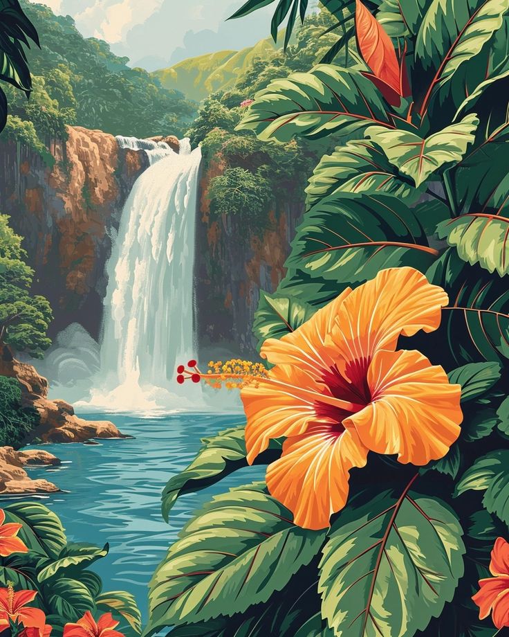 Illustrated tropical waterfall with lush greenery and vibrant orange hibiscus flowers in the foreground.