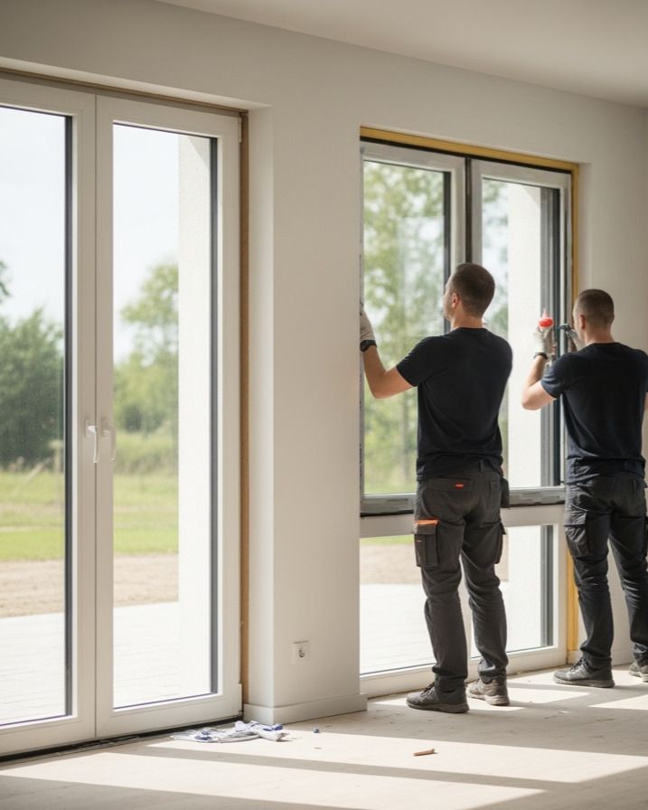 Workers installing large windows in a bright room, enhancing natural light and energy efficiency.