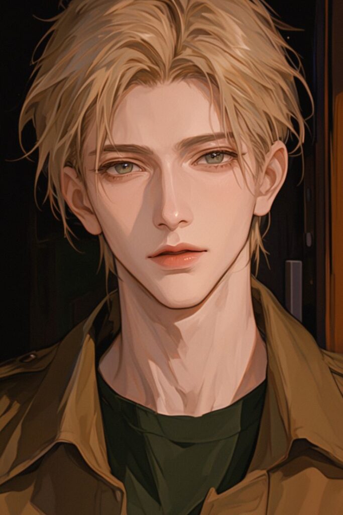 Illustration of a young man with blonde hair and green eyes, wearing a brown jacket, staring intently.