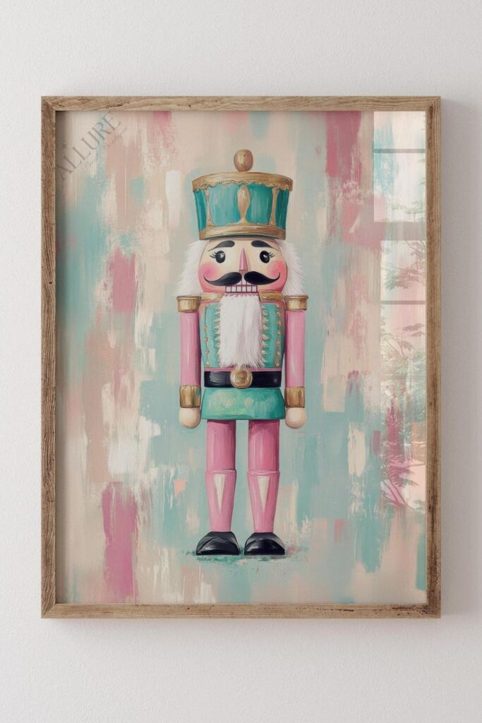 Colorful nutcracker artwork in a wooden frame on a pastel background, blending blue, pink, and cream.