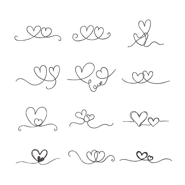 Collection of elegant hand-drawn heart designs with swirls, perfect for romantic projects and Valentine's Day themes.