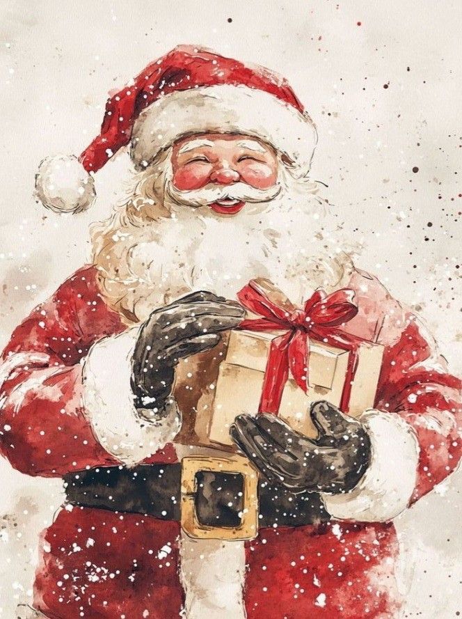 a21e1743-36ab-4ea8-8d7b-35e70835e909 Watercolor Santa holding a gift with red ribbon, surrounded by snowflakes. Happy Christmas scene. | Sky Rye Design Watercolor Santa holding a gift with red ribbon, surrounded by snowflakes. Happy Christmas scene.
