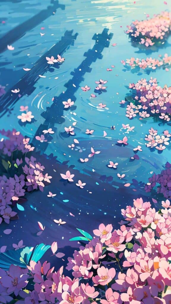 Illustrated pink cherry blossoms floating on serene blue water with gentle ripples, creating a peaceful scene.