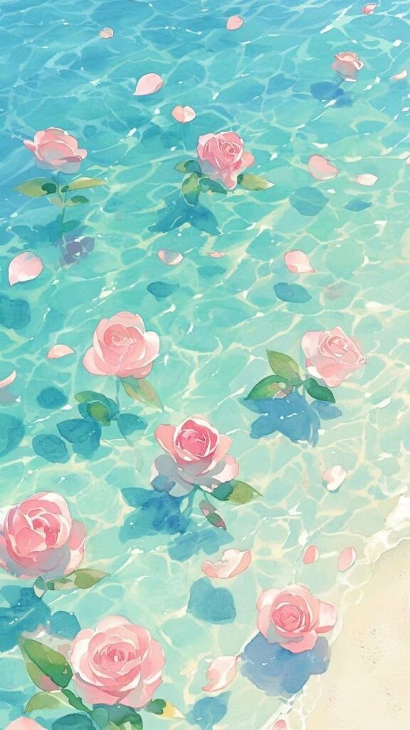 Pink roses and petals gently float on clear turquoise water, creating a serene floral scene.