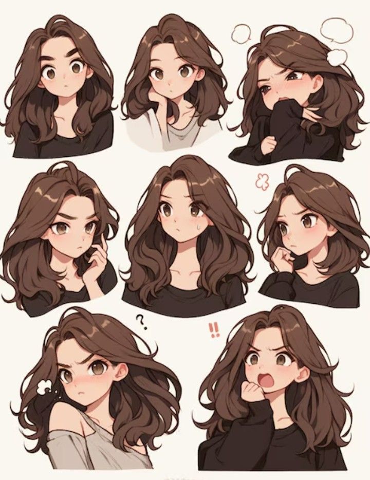 Anime girl with long brown hair expressing various emotions like surprise, anger, and curiosity in nine frames.