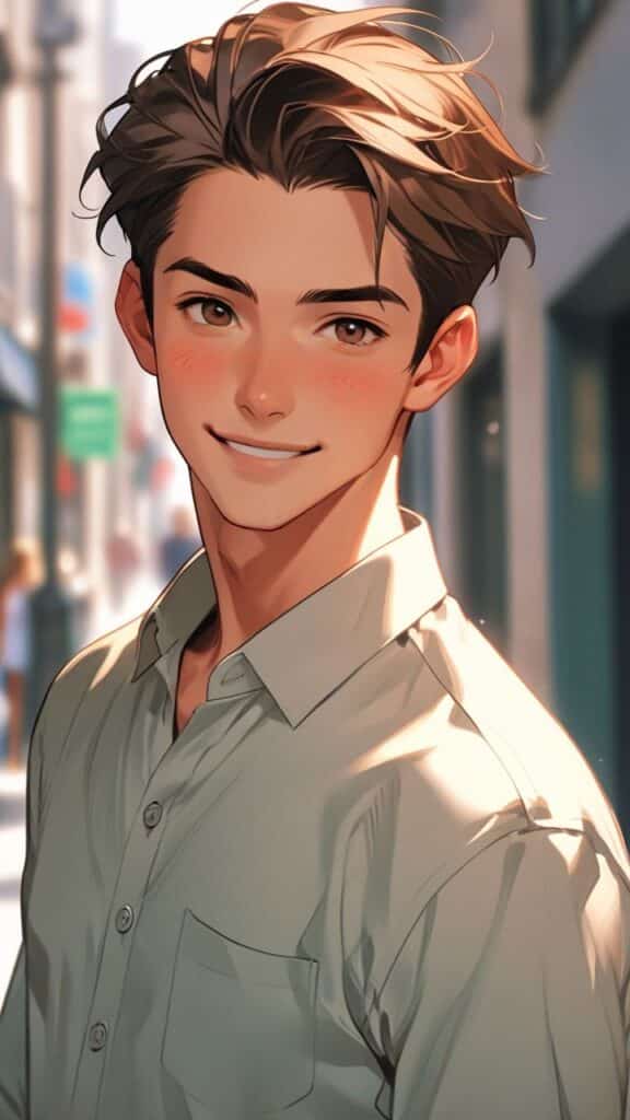 Smiling young man with brown hair in a casual shirt, standing outdoors on a sunny day.