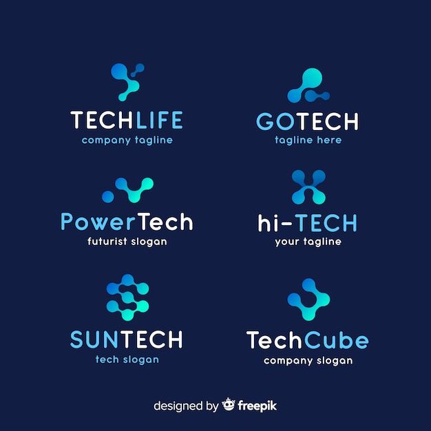 Abstract tech logo designs with blue gradients and innovative slogans on a dark background.