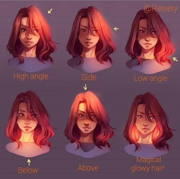 Illustration of character with different lighting angles: high, side, low, below, above, and magical glowing hair effect.