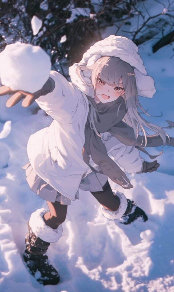 Anime girl in winter clothes playfully throws a snowball in a snowy landscape.