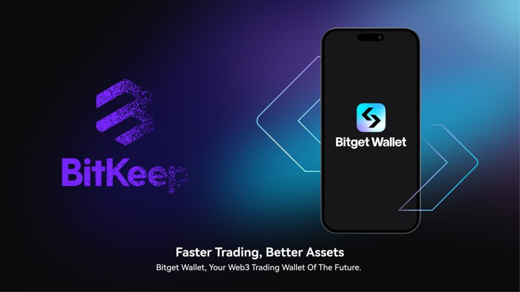 BitKeep and Bitget Wallet logos with tagline Faster Trading, Better Assets on abstract blue background.