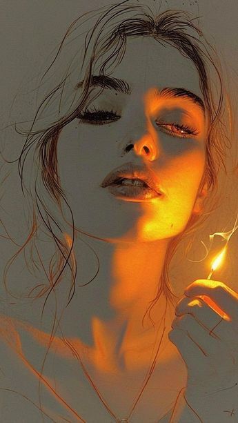 Illustration of a woman holding a flame, casting warm light on her face, highlighting expressive features and a serene mood.