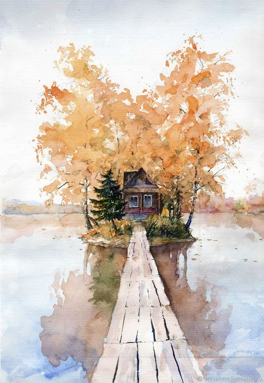 a733b67a2540cbf7e327c50cd95355bc Watercolor of a cabin surrounded by autumn trees on a small island, accessed by a wooden bridge over calm water. | Sky Rye Design Watercolor of a cabin surrounded by autumn trees on a small island, accessed by a wooden bridge over calm water.