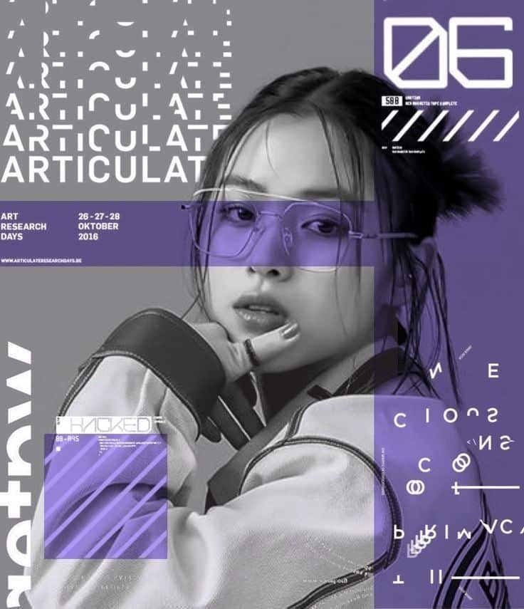 Futuristic poster featuring a woman with purple glasses, abstract text, and geometric designs for art research event.