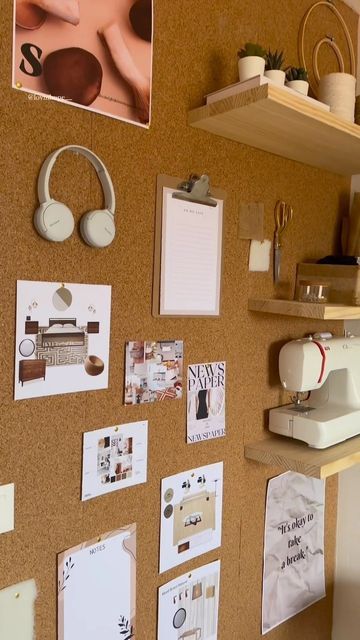 a877bb9356ba2109dee7bf19bc78418a Creative workspace with sewing machine, corkboard, headphones, and decor. Cozy and organized crafting area. | Sky Rye Design Creative workspace with sewing machine, corkboard, headphones, and decor. Cozy and organized crafting area.