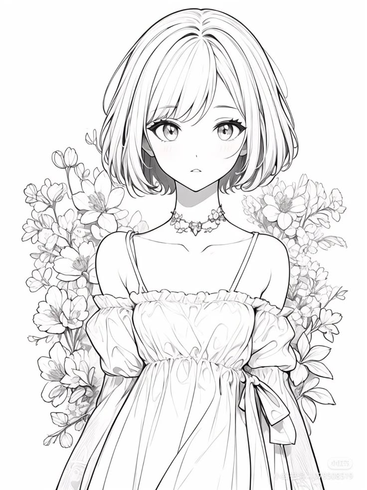 Anime girl with short hair in a floral dress, surrounded by blossoms, monochrome line art illustration.