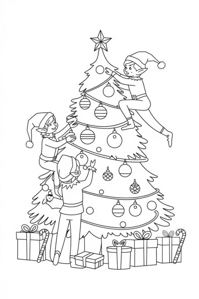 Elves decorating Christmas tree with ornaments and gifts below. Holiday coloring page with festive cheer.