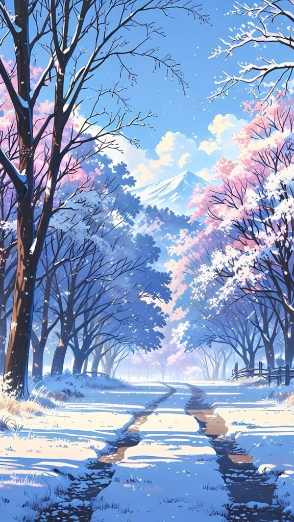 Snow-covered path through a forest with cherry blossoms and distant mountains under a clear blue sky.