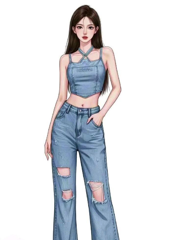 aa7e0f97-b3c6-4270-8363-0a720ba06ca0 Illustration of a woman in ripped jeans and a denim crop top, showcasing casual fashion style. | Sky Rye Design Illustration of a woman in ripped jeans and a denim crop top, showcasing casual fashion style.