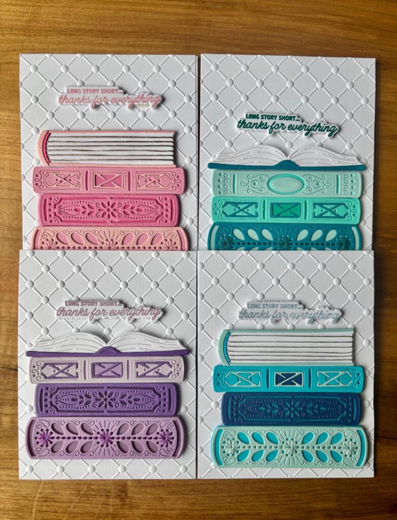 ab99bad770b80287433a3858cbdc6b4e Decorative cards with colorful books and Long story short... thanks for everything message on a quilted background. | Sky Rye Design Decorative cards with colorful books and Long story short... thanks for everything message on a quilted background.