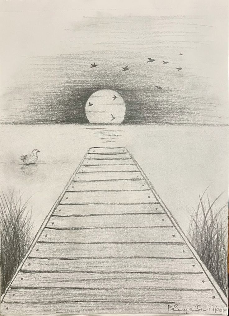 Pencil sketch of a boardwalk leading to a serene lake with a sunset, birds, and a duck in the tranquil scene.