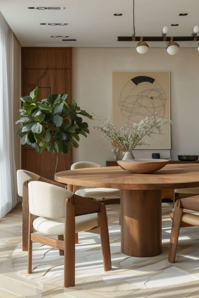 Modern dining room with wooden table, stylish chairs, decorative plants, abstract art, and chic lighting fixture.