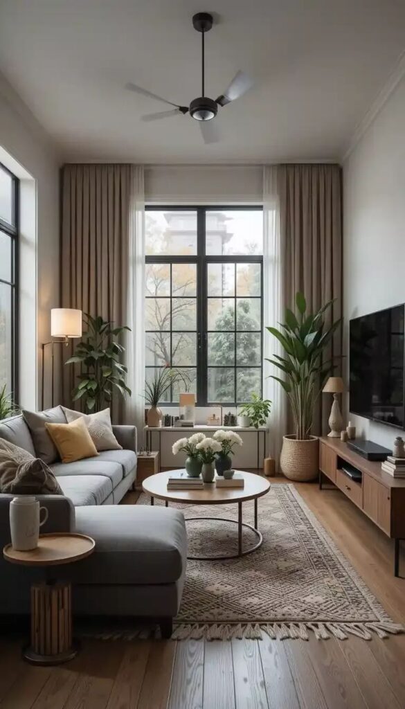 Modern living room with large window, cozy sofa, plants, and stylish decor. Neutral tones and natural light create warmth.