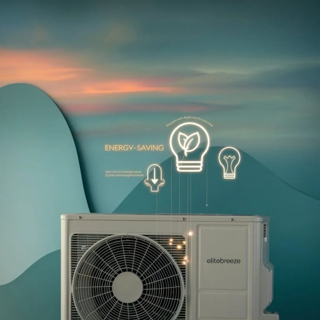 Energy-efficient air conditioner with eco-friendly icons against a serene sunset background.