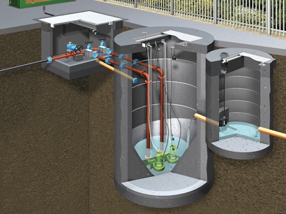Cutaway illustration of an underground sewage pumping system with tanks, pipes, and control units.