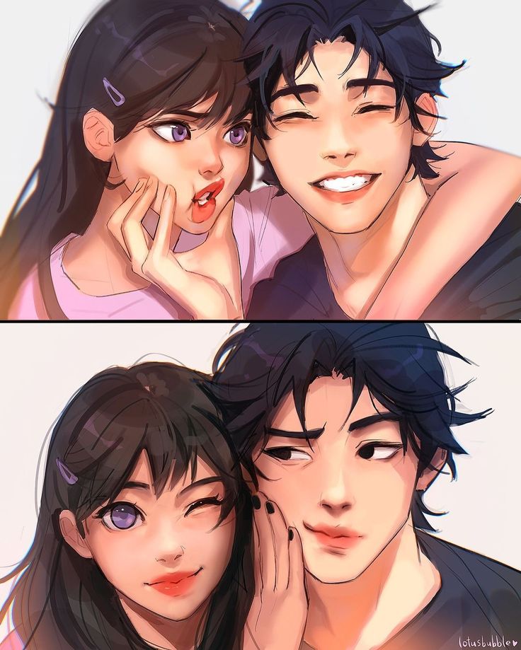 Couple making playful faces in vibrant digital art with diverse expressions.