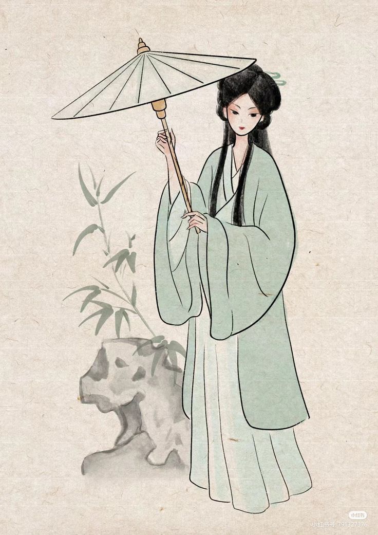 Elegant woman in traditional dress with an umbrella, standing near bamboo and rocks, in an Asian watercolor painting.