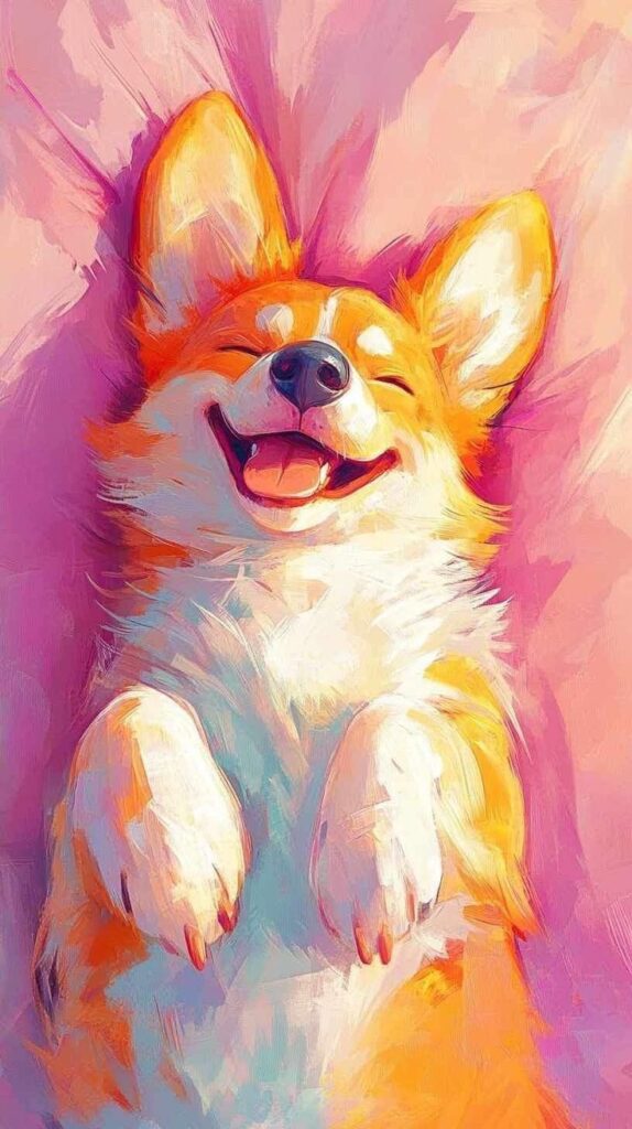 ae42d047-0e54-45d4-a9b6-e84ce2e8ac7b Colorful painting of a smiling corgi lying on its back, exuding happiness and warmth on a pink background. | Sky Rye Design Colorful painting of a smiling corgi lying on its back, exuding happiness and warmth on a pink background.