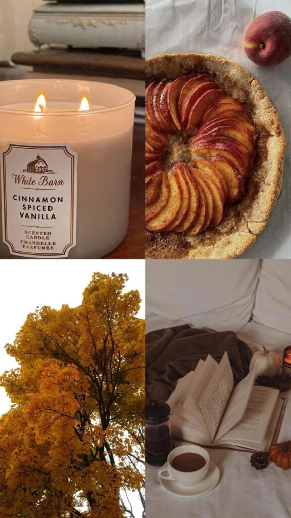 Cinnamon candle, apple pie, autumn tree, cozy reading nook with coffee—perfect fall vibes in one image.