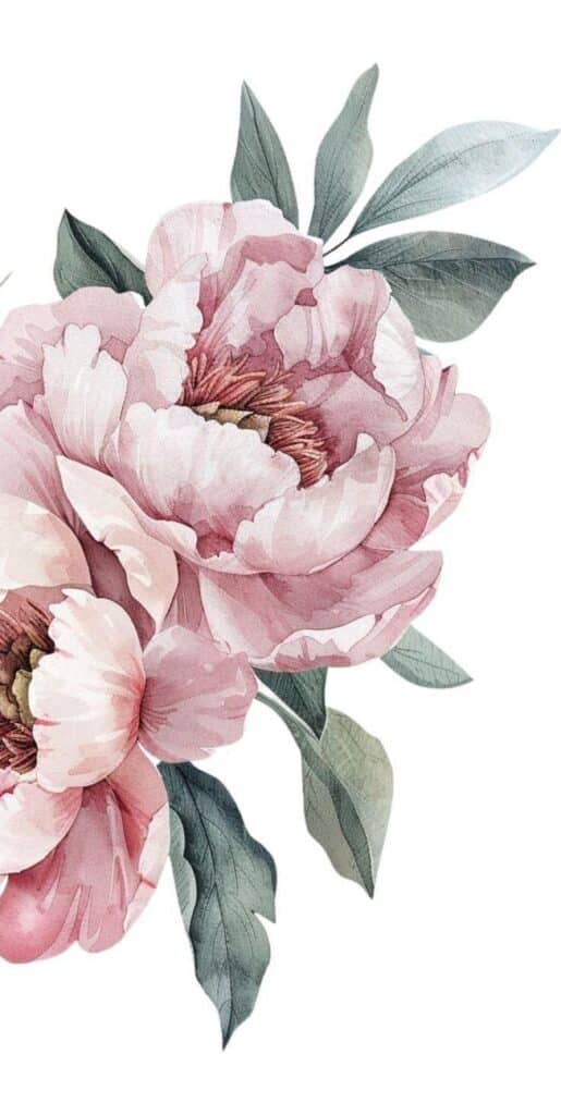 Watercolor illustration of pink peonies with green leaves on a white background, depicting delicate floral elegance.