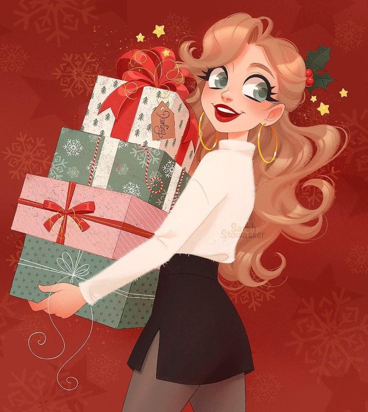 afce97fa-59d3-430a-8a8c-b8adef758668 Animated girl with long hair joyfully holds Christmas gifts, set against a festive red background with snowflakes. | Sky Rye Design Animated girl with long hair joyfully holds Christmas gifts, set against a festive red background with snowflakes.