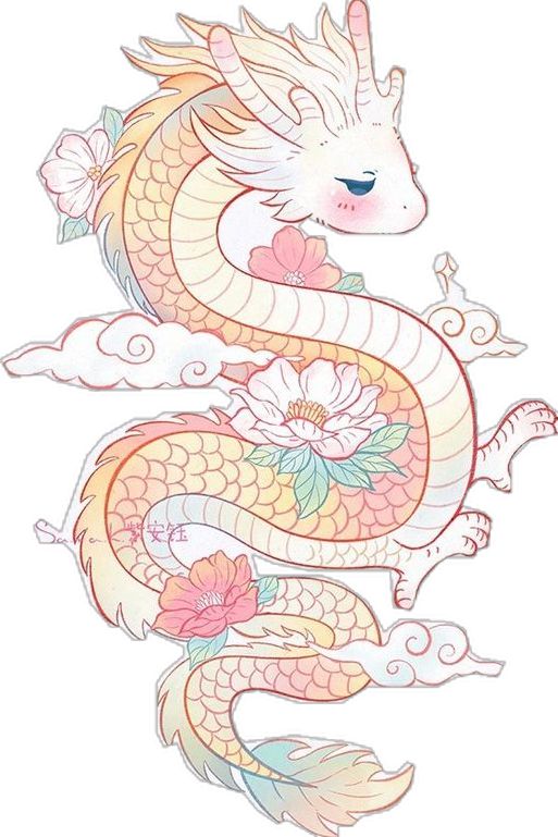 Cute pastel dragon illustration with flowers and clouds, featuring intricate scales and a gentle expression.