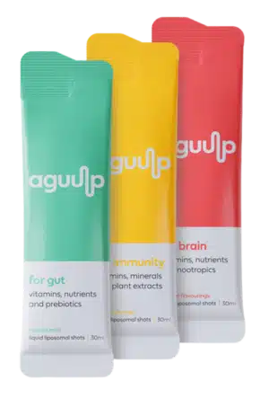 aguulp-1-e1694551211278 Three Aguulp supplement sachets for gut, immunity, and brain health in teal, yellow, and red packaging. | Sky Rye Design Three Aguulp supplement sachets for gut, immunity, and brain health in teal, yellow, and red packaging.