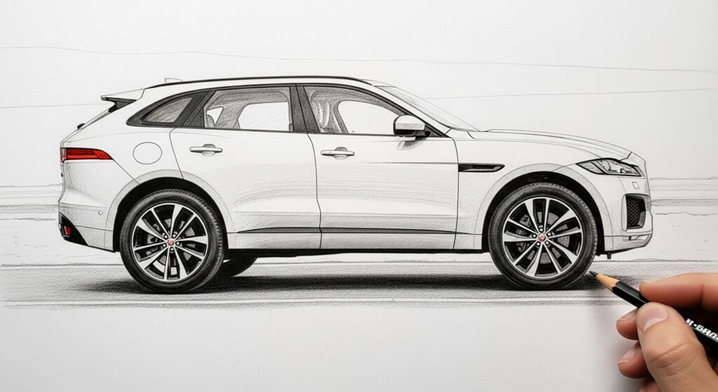 Illustration of a luxury SUV, highlighting sleek design and stylish wheels, drawn with a pencil in a side view.