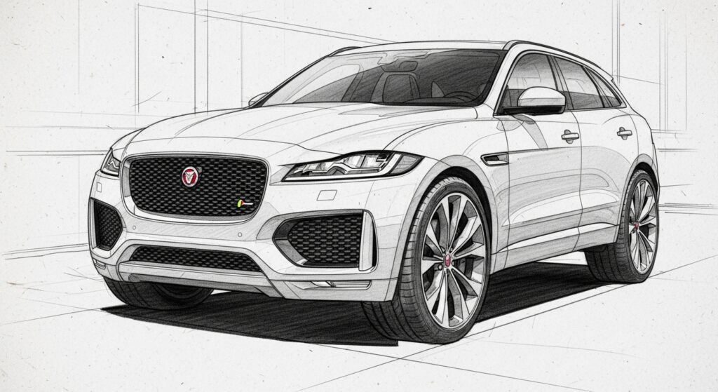 Stylized sketch of a sleek, modern SUV with prominent grille and sporty design.