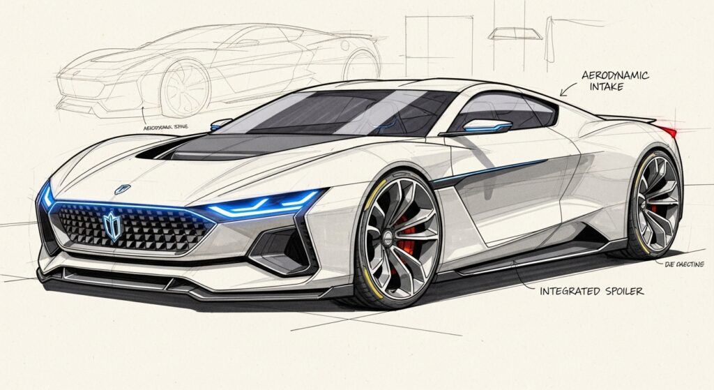 Futuristic sports car design sketch featuring aerodynamic intake, integrated spoiler, and sleek lines.