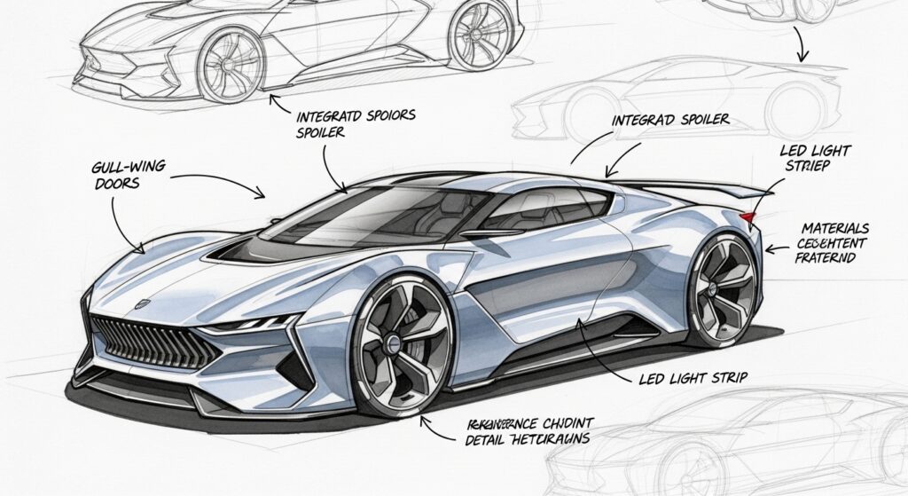 Concept car sketch featuring gull-wing doors, integrated spoiler, and aerodynamic design elements with annotations.