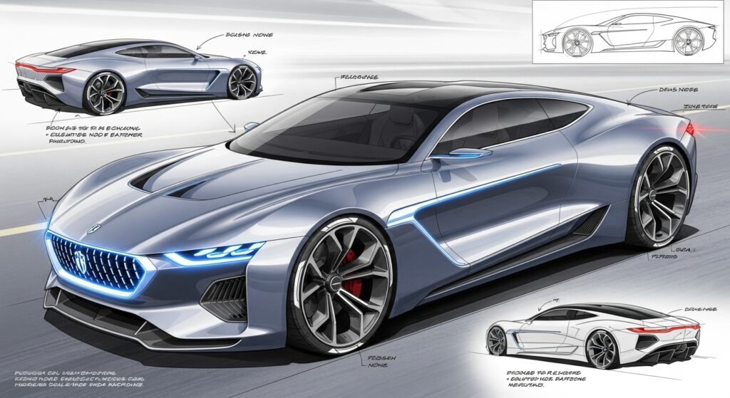 Futuristic sports car concept sketch with sleek design and aerodynamic features.