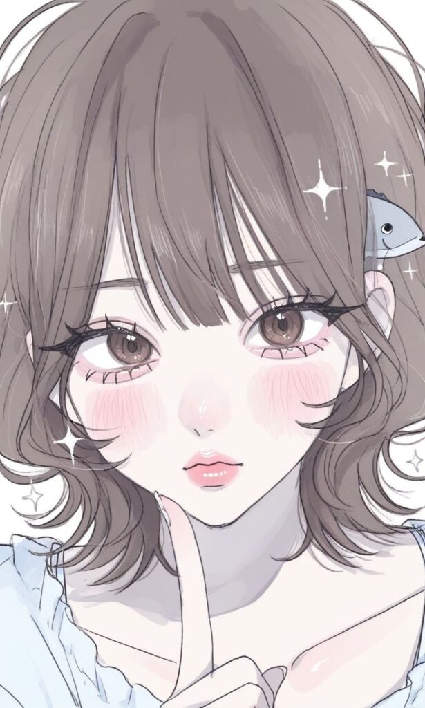 ai illustration tags_ animeart animepfp Anime girl with brown hair, big eyes, and finger on lips, sparkling background. Cute and dreamy illustration. | Sky Rye Design Anime girl with brown hair, big eyes, and finger on lips, sparkling background. Cute and dreamy illustration.