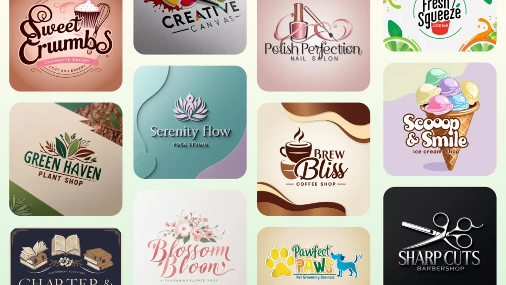 Colorful business logos including a bakery, nail salon, coffee shop, ice cream shop, and more on a pastel background.